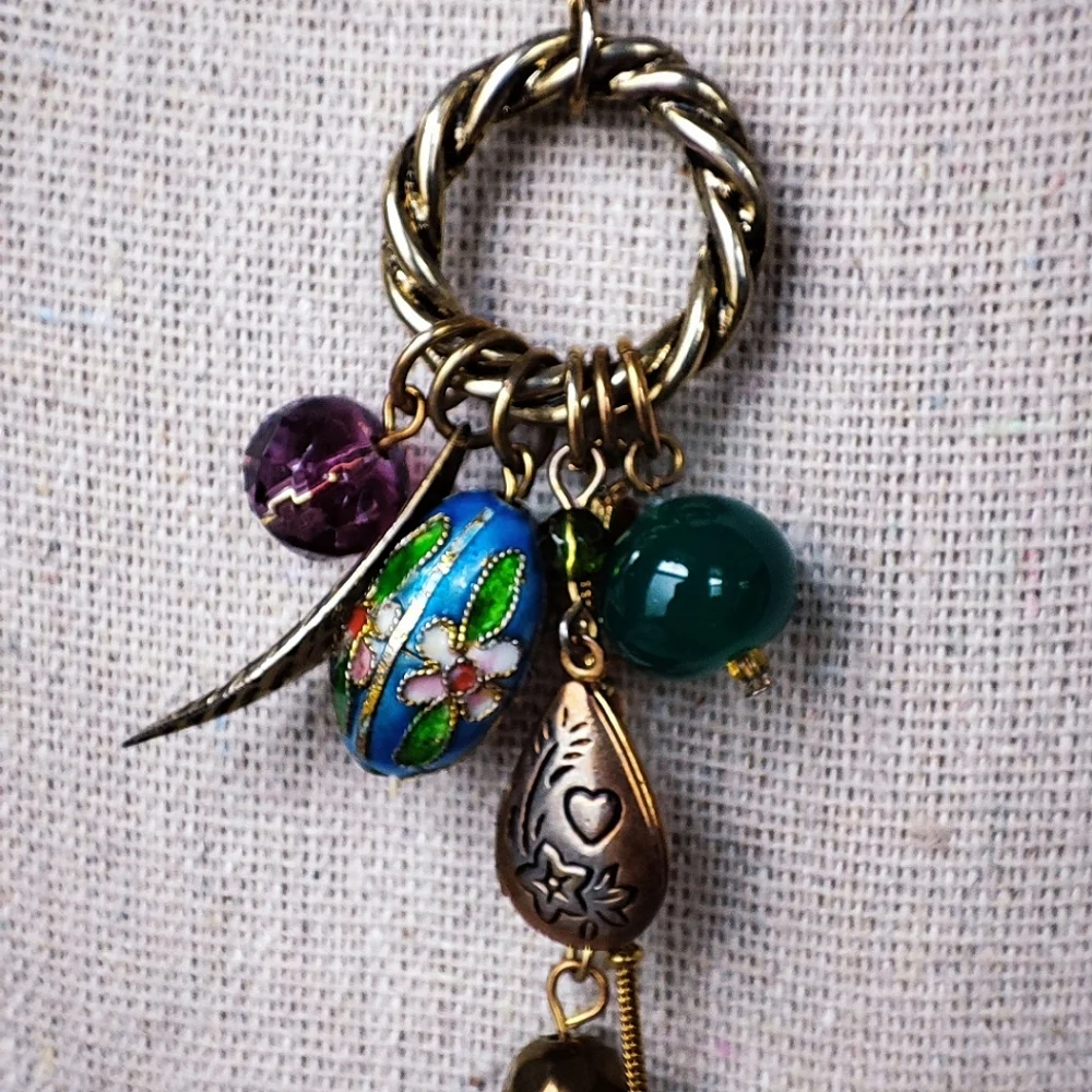 Enameled Cloisonné Egg Tarnished Locket Gold Tone Necklace Cluster NY Company